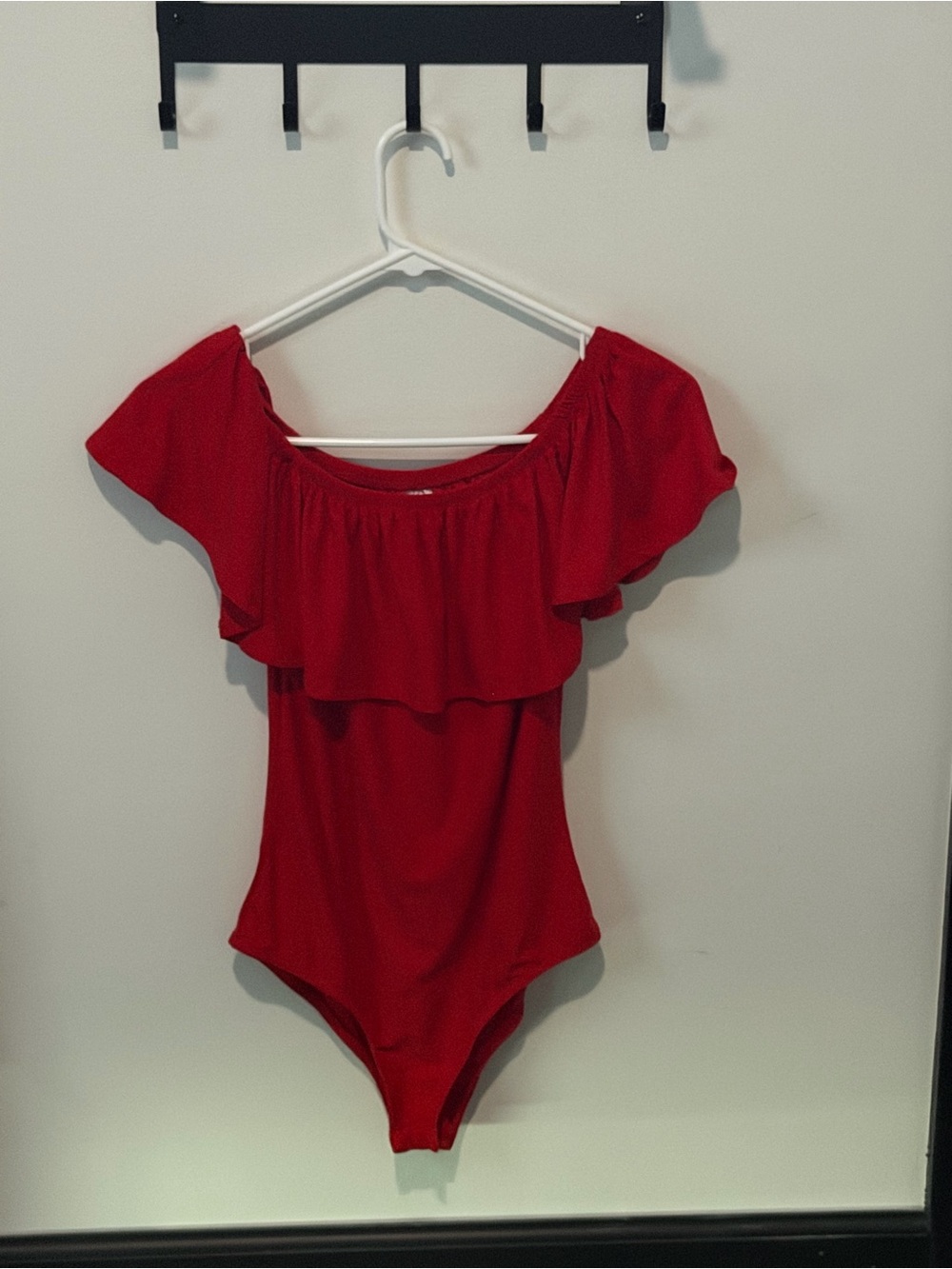 No Boundaries Red Off-Shoulder Ruffle One-Piece - Picture 4 of 4